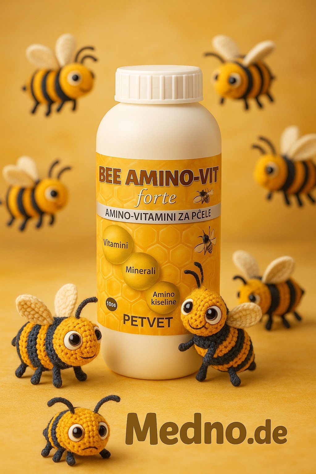 Flasche Bee Amino‑Vit forte, Nahrungsergänzung für Bienen, Nahaufnahme vor weißem Hintergrund